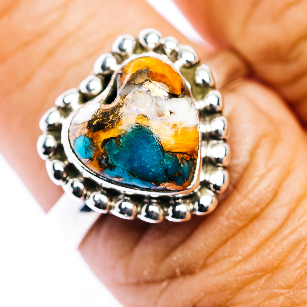 Southwestern Style Spiny Oyster Turquoise Heart Ring Size 8 Adjustable (.925 Sterling Silver)