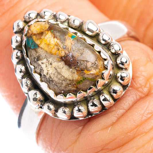 Sterling silver oval turquoise stone ring with beaded bezel, size 6