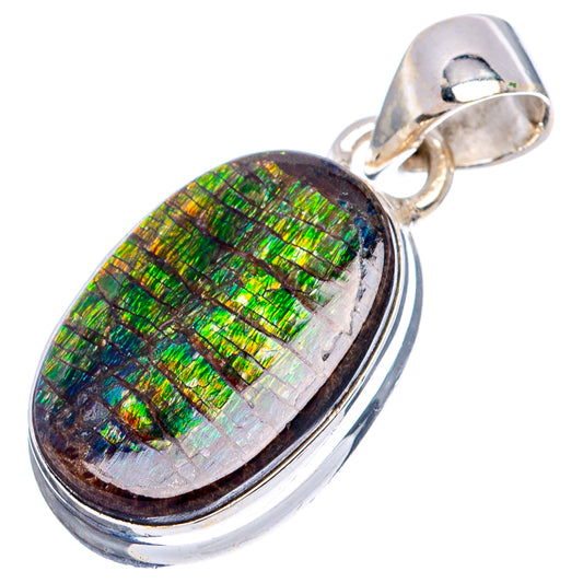 Oval ammolite pendant in polished .925 sterling silver bezel, iridescent green band