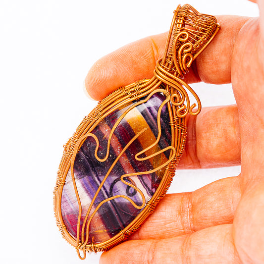 Banded Fluorite Wire Wrap Pendant 3 1/4" (Copper)