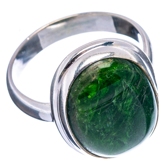 Chrome diopside ring with round green gemstone and wide .925 sterling silver band