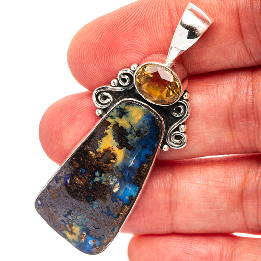 Sterling silver pendant with blue/yellow boulder opal rectangle and citrine round gemstone