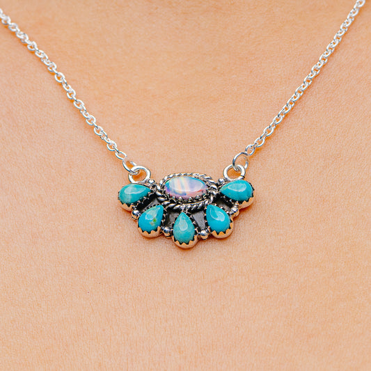 Southwestern Style Aurora Opal, Mohave Turquoise Necklace 17 to 19" (.925 Sterling Silver)