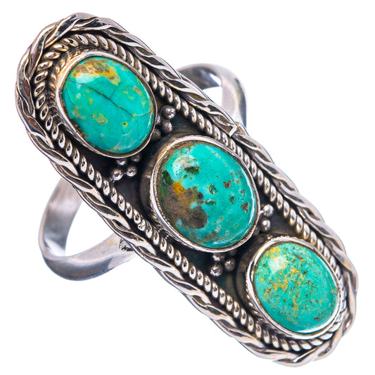 Turquoise cabochon ring, three oval stones in silver bezel with braided border