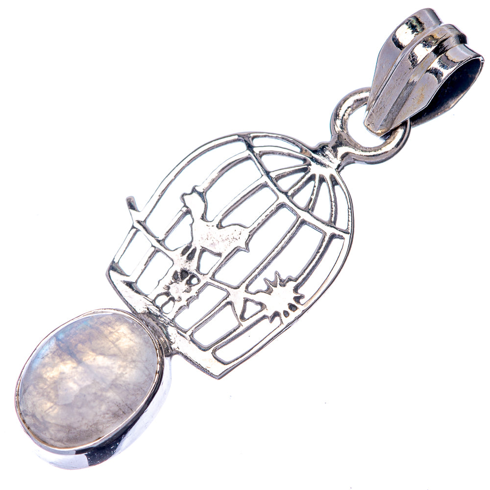 Moonstone cabochon in 925 sterling silver openwork cage pendant with bail
