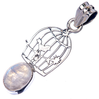 Moonstone cabochon in 925 sterling silver openwork cage pendant with bail