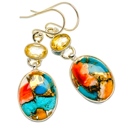 Spiny Oyster Turquoise, Citrine Earrings 1 5/8" (925 Sterling Silver) EARR431988