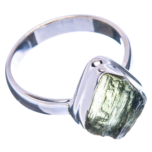 Sterling silver ring with bezel-set rough green gemstone, open top view, size 6