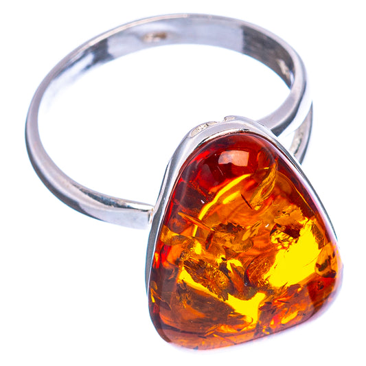 Polished sterling silver ring with red-gold heart amber stone, adjustable style