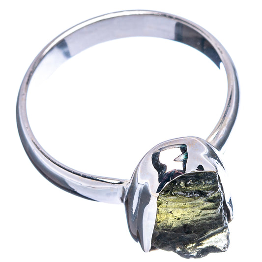 Sterling silver moldavite ring with bezel-set rough green stone on band