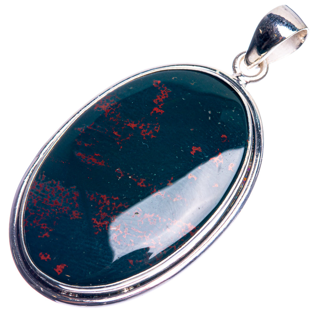 Oval 925 sterling silver pendant with dark green bloodstone and red speckle bezel