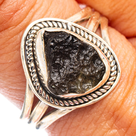 Sterling silver moldavite ring, size 9, oval dark green-black stone bezel