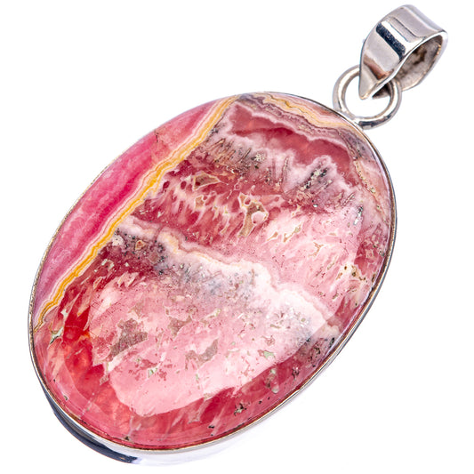 Oval pink-and-white rhodochrosite pendant with sterling silver bezel and bail