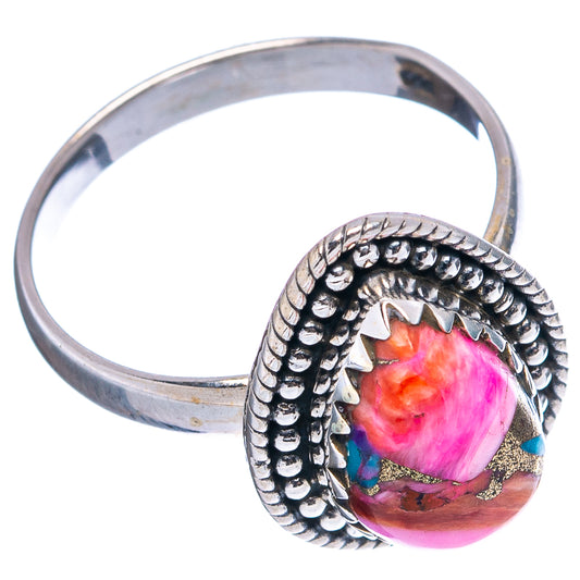 Sterling silver ring with beaded edge and colorful pink, purple, turquoise oval stone