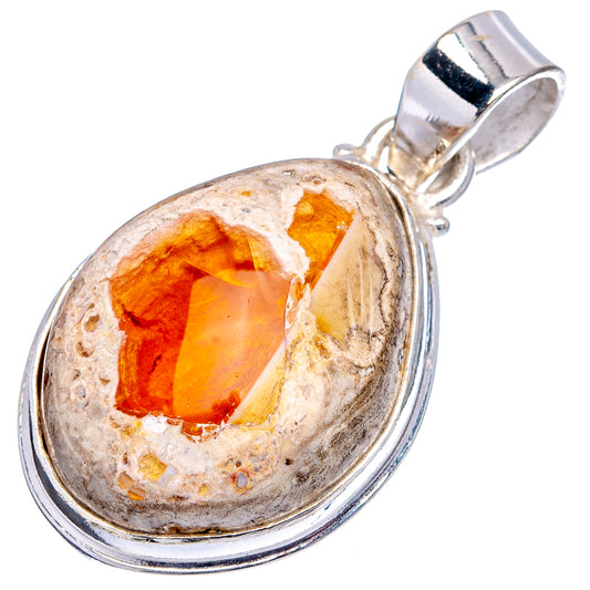 Sterling silver fire opal pendant, oval cabochon with textured frame and bail