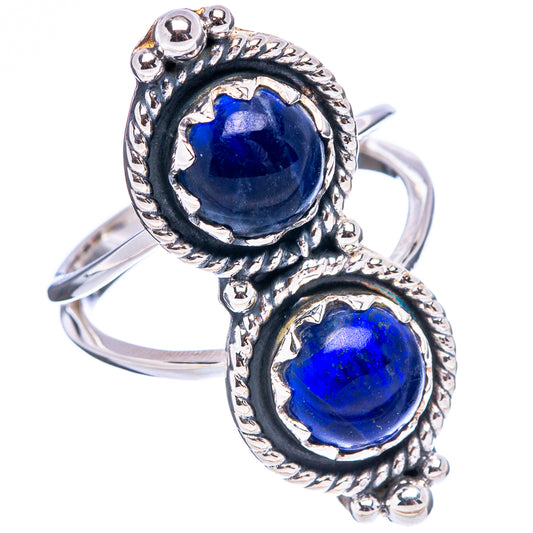 Sterling silver sodalite double-stone ring with two dark blue cabochons and engraved border