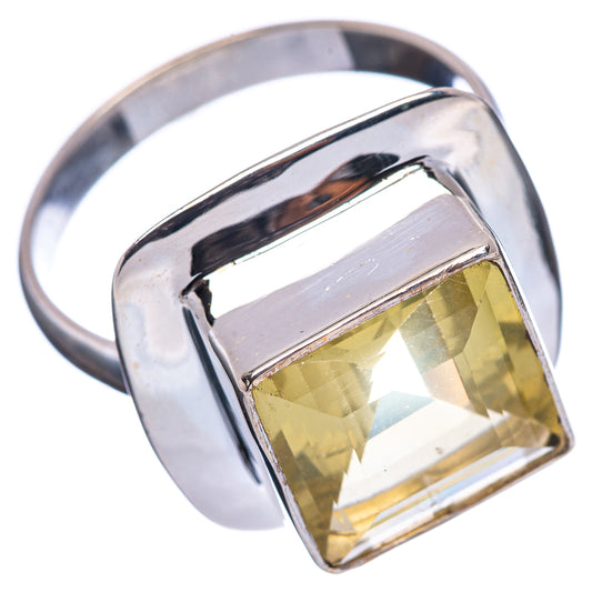 Sterling silver ring with square lemon quartz in raised bezel, angled view