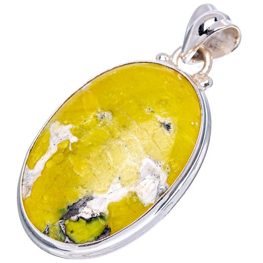 Oval lizardite pendant in .925 sterling silver bezel, yellow-green stone with dark specks