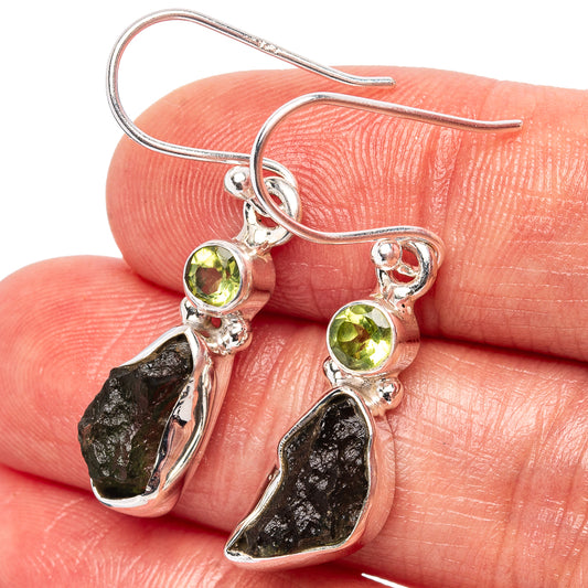 Sterling silver dangle earrings with round green stone and raw dark moldavite drops