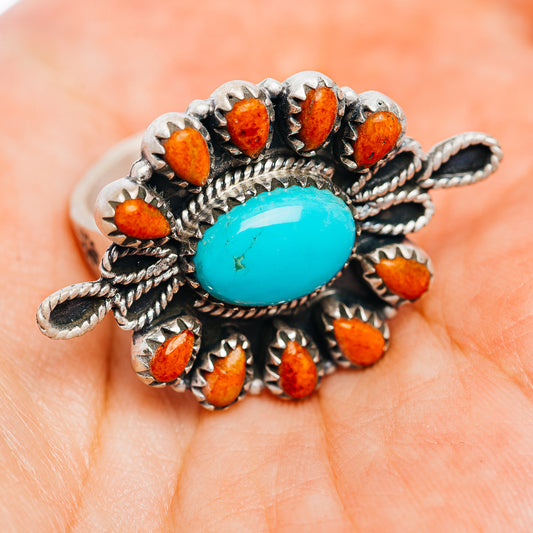Exclusive Southwestern Style Kingman Turquoise, Sponge Coral Ring Size 7 Adjustable (.925 Sterling Silver)