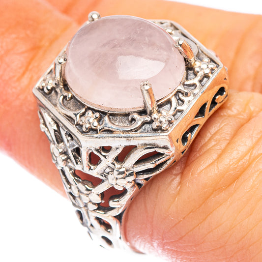 Rose quartz filigree sterling silver ring with round pink stone, size 7