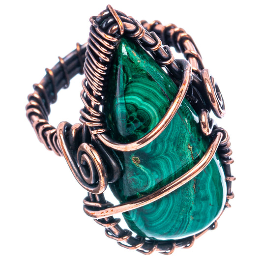 Oxidized copper wire wrap ring, curved green malachite teardrop cabochon and coiled details