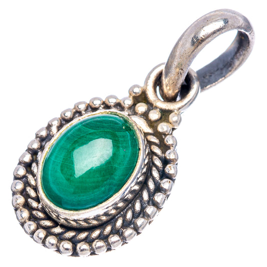 Oval malachite charm pendant in .925 sterling silver with top loop and bezel border