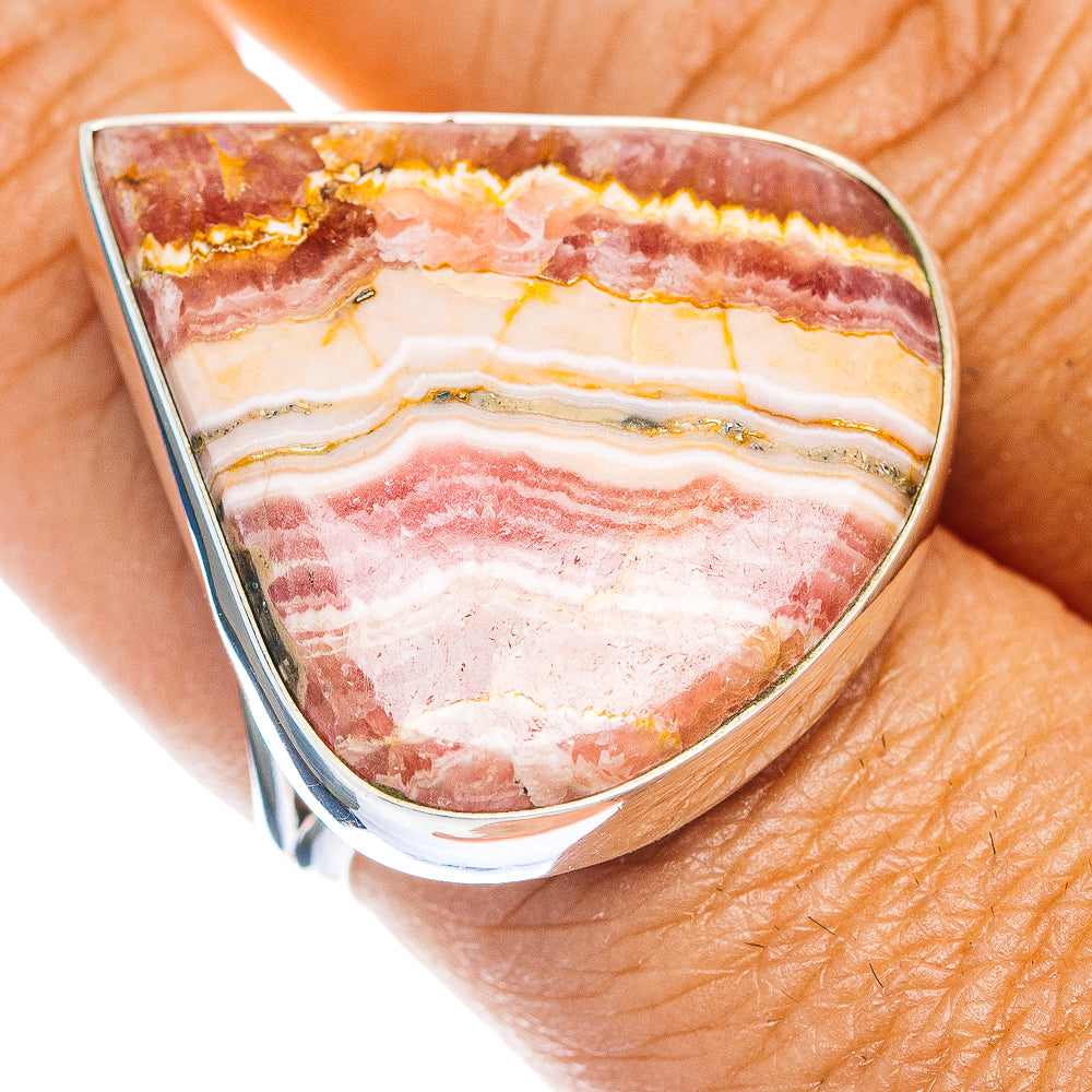 Sterling silver bezel ring with teardrop rhodochrosite, pink and brown banded stone