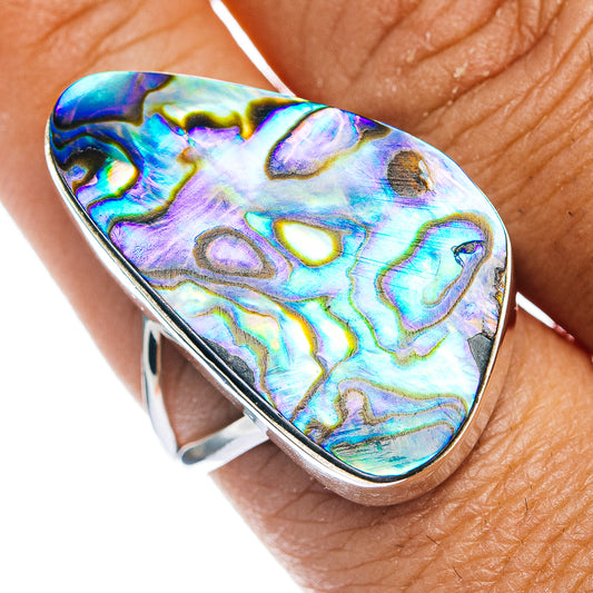 Sterling silver abalone inlay ring, oval teardrop shape with iridescent blue-purple shell