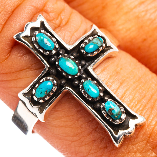Turquoise cross ring face with six oval stones on oxidized silver band