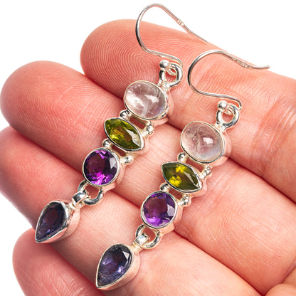 Rainbow Moonstone, Peridot, Amethyst, Tanzanite 925 Sterling Silver Earrings 2"