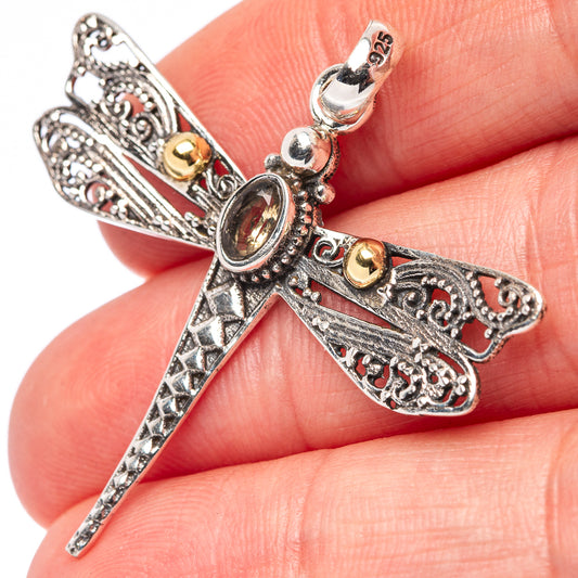 Close-up dragonfly pendant: .925 sterling silver with citrine oval and round golden stones