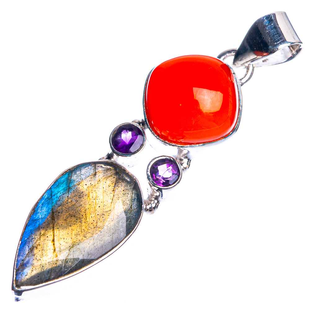 Labradorite, Carnelian, Amethyst 925 Sterling Silver Pendant 2 1/8"