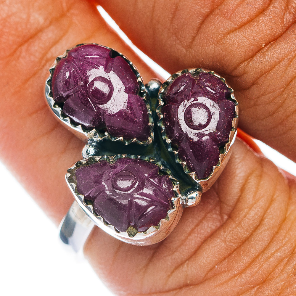 Premium 3-Gemstone Carved Ruby Ring Size 8 (.925 Sterling Silver)