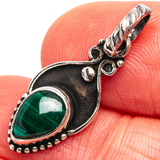 Malachite dainty pendant with oval green stone in .925 sterling silver teardrop setting