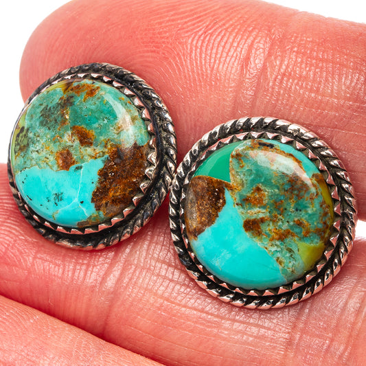 Round turquoise cabochon stud earrings with braided .925 sterling silver bezels