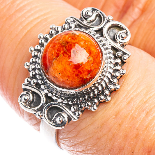Sterling silver sponge coral ring size 7.5, round orange gemstone cabochon close-up