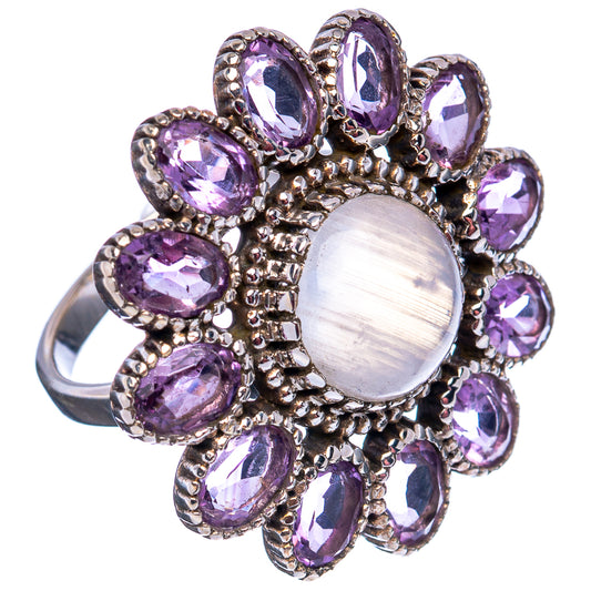 Sterling silver flower ring, openwork halo of oval amethyst with rainbow moonstone center