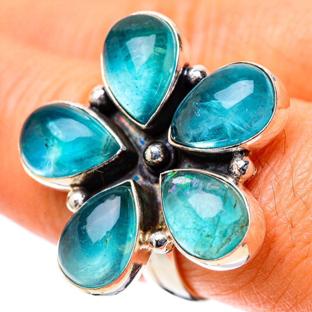 Sterling silver ring with five teal-blue teardrop gemstone cabochons, statement design