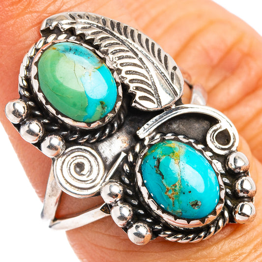 Turquoise cabochon ring in sterling silver, oval stone settings with raised bead details
