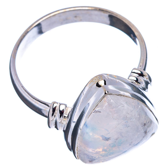 Sterling silver moonstone ring with pear-cut opalescent stone, open bezel, side view