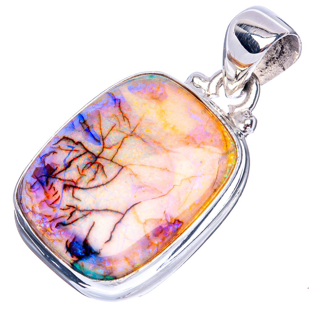 Sterling silver oval opal pendant with iridescent blue and gold cabochon in frame