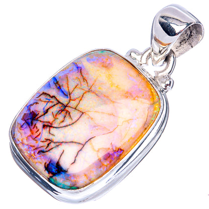 Sterling silver oval opal pendant with iridescent blue and gold cabochon in frame