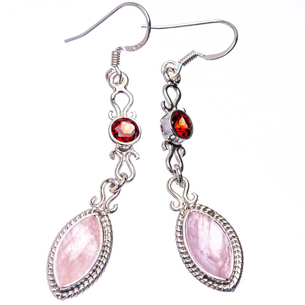 Premium Rose Quartz, Garnet Earrings 2 1/4" (925 Sterling Silver) E432360