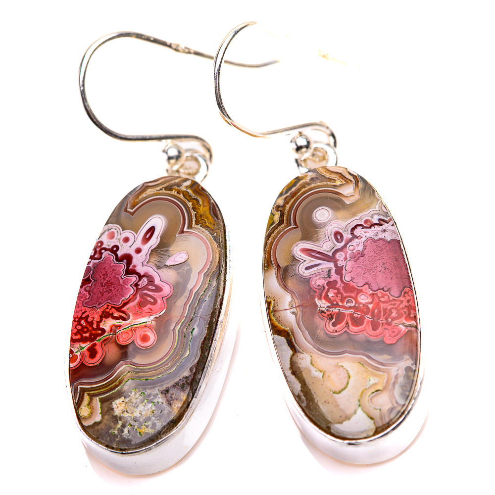 Oval crazy lace agate drop earrings with pink floral bands, gold and cream; silver hooks