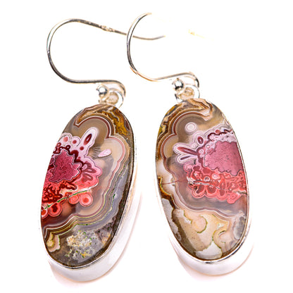 Oval crazy lace agate drop earrings with pink floral bands, gold and cream; silver hooks
