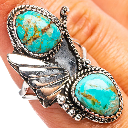 Native Style Mohave turquoise ring in .925 silver, two oval cabochons, rope bezel details
