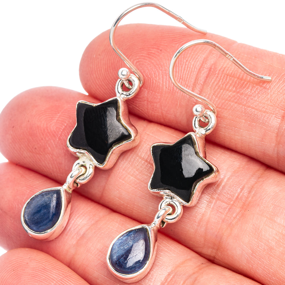 Sterling silver star dangle earrings with black star charm and blue drop kyanite