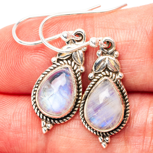 Sterling silver rainbow moonstone teardrop drop earrings with ornate floral settings