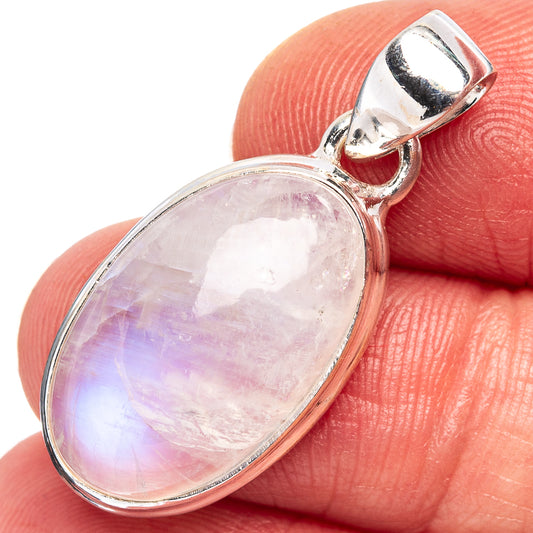 Sterling silver rainbow moonstone pendant, oval iridescent stone with loop bail